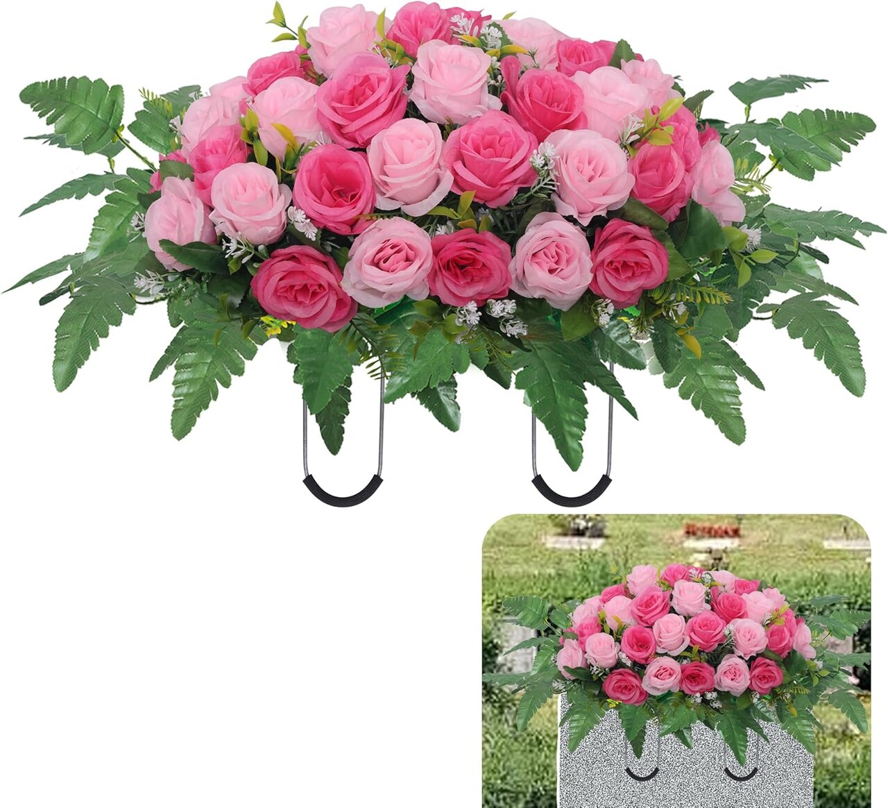 Artificial Cemetery Flower Saddle – Pink Rose Headstone Memorial Flowers for Grave & Tombstone Outdoor Decorations